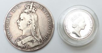 1890 Victorian Jubilee crown and a silver round pound