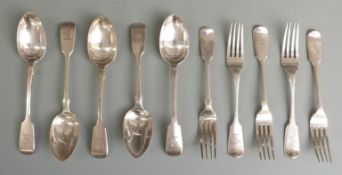 Five Victorian hallmarked silver Fiddle pattern dessert forks and five Victorian dessert spoons,