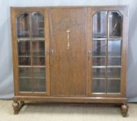 Glazed oak bookcase/ display cabinet, W137 x D33 x H132cm