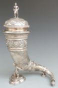 19thC Danish white metal lidded cornucopia centerpiece with bands of scrolling and decoration,