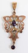 Art Nouveau 9ct gold pendant set with amethysts, 3cm long