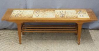 Retro tile inset coffee table with slated undershelf, H40 x W124 x D42cm