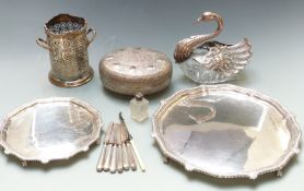 Quantity of silver plate to include two salvers with gadrooned edges, raised on scroll feet,
