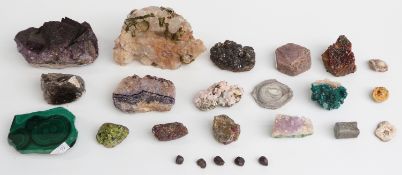Twenty-four various mineral and gemological samples including malachite, amethyst etc.