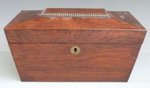 19thC rosewood sarcophagus shaped tea caddy with glass central mixing bowl, width 28cm