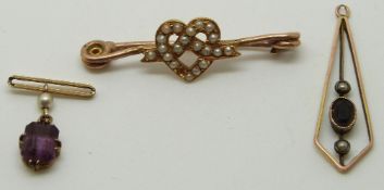 Two Edwardian items set with amethysts and seed pearls and an Edwardian brooch set with seed pearls