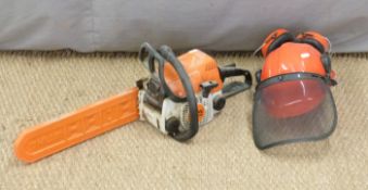 Stihl MS 170 chainsaw, helmet etc