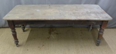 19thC pine plank top kitchen table, L206 x W82 x H74cm