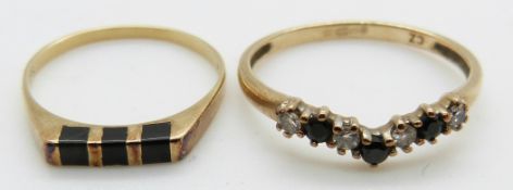 A 14ct gold ring, 1.5g, size L, and a 9ct gold ring set with cubic zirconia and sapphires, 1.3g,