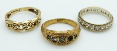 A 9ct gold ring, 9ct gold eternity ring, 4.4g and another ring