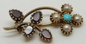 Victorian brooch set with foiled garnets, seed pearls and a turquoise cabochon, 2.6cm long