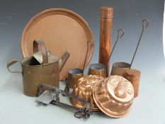 Quantity copperware including jelly moulds, tray, cider bottles and an animal trap