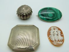 A white metal silver compact, malachite brooch, hallmarked silver pot (Birmingham 1898) and a cameo