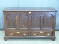 Oak panelled mule chest with panelled front, two drawers below and pegged joints, L142 x D54 x H85cm