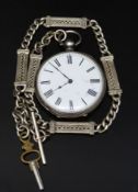 Continental silver pocket watch marked 'Fine Silver' with black Roman numerals, white enamel dial