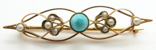 Edwardian 9ct gold brooch set with a turquoise cabochon and seed pearls, 1.8g