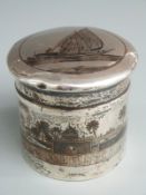 White metal niello lidded pot with decoration of boats and buildings, height 7cm, weight 106g