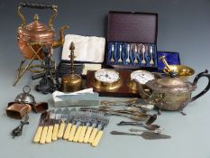 Copper spirit kettle on stand, brass pestle and mortar, cased cutlery, barometer etc