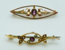 Two 9ct gold brooches, one set with an amethystthe other with seed pearls and an amethyst