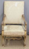 French upholstered distressed gilded armchair, width 65cm