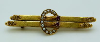 Edwardian hallmarked 15ct gold brooch set with rubies and seed pearls and two rubies in a buckle