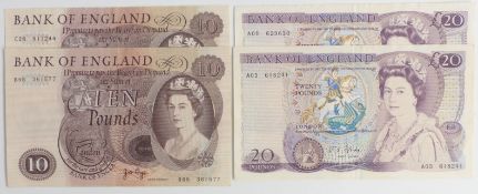 Two 'J S Fforde' UK £20 banknotes together with two 'J B  Page' £10 examples, all lightly