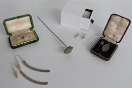 Art Nouveau silver hat pin, a silver RAF brooch, silver medallion/ pendant, silver bookmarks and