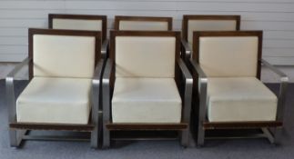 Set of six retro brushed stainless steel and wooden framed designer armchairs with white leatherette