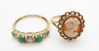 A 14ct gold ring set with cubic zirconia and turquoise and a 9ct gold ring set with a cameo