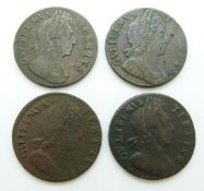 A group of four William III halfpennies including 1696, 1700 and 1701