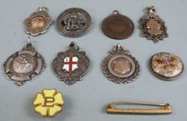 Five hallmarked and similar silver sporting fobs including football, cricket and snooker, Services