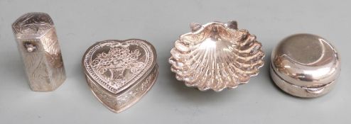 Two white metal trinket pots, one being heart shaped and with German 800 silver marks, the other