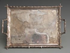 French white metal tray with bamboo effect edge and handles, and French silver marks, length 40.5cm,