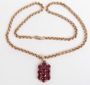 A 9ct gold necklace with a 9ct gold pendant set with 10 oval cut rubies and diamonds, 37.5g