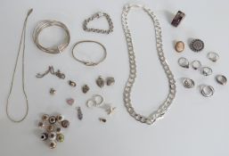 A cameo brooch, Victorian silver brooch, silver ring set with fluorite, curb link necklace, silver