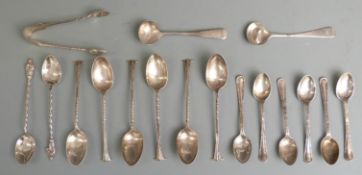Two sets of six hallmarked silver coffee or teaspoons, one set with tongs together with further