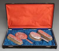 Victorian hallmarked silver four-piece dressing table set, in fitted case, London 1898, maker