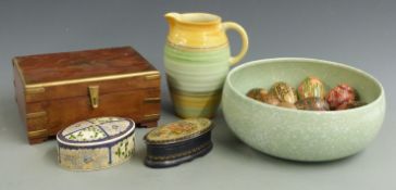Russian lacquer boxes and eggs, brass-bound box and Shelley and Crown Devon ceramics