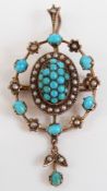 Victorian pendant / brooch set with turquoise cabochons and seed pearls, 5cm long