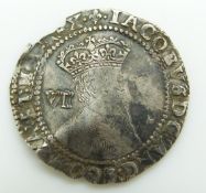James I (1603-25) hammered silver sixpence 1604, obverse F-VF, reverse VF