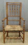 19thC oak rush seated armchair