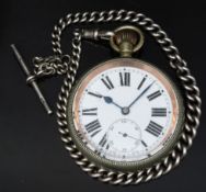 Keyless winding open faced pocket watch with subsidiary seconds dial, blued hands, black Roman