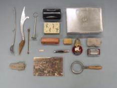 Quantity of Georgian and later coinage, silver plated cigarette box, snuff box, postcard of