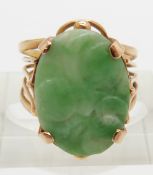A yellow metal ring set with a carved jadeite plaque, 4.4g, size  L