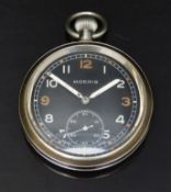 Moeris keyless winding open faced military pocket watch with inset subsidiary seconds dial, white