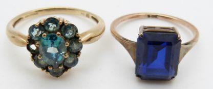 A 9ct gold ring set with a synthetic sapphire and a 9ct gold ring set with topaz, 4.3g