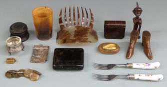 Treen items including carved shoes, snuff box in the form of a book with pull out drawer, aide