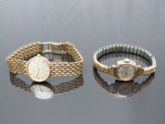 Two 9ct gold ladies watches, one with with gold hands and Roman numerals, on 9ct gold bracelet, case