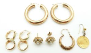 Three pairs of earrings including 9ct gold hoops and 9ct gold set with pearls (9,2g), an 1873 1