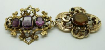 Victorian brooch set with a citrine and a Victorian pinchbeck brooch